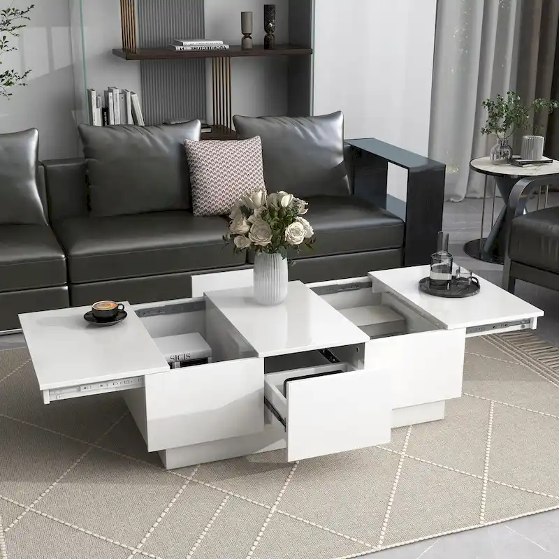 Modern Stylish Coffee Table Extendable Coffee Table with 2 Large Storage Compartments 2 Drawers, for Living Room