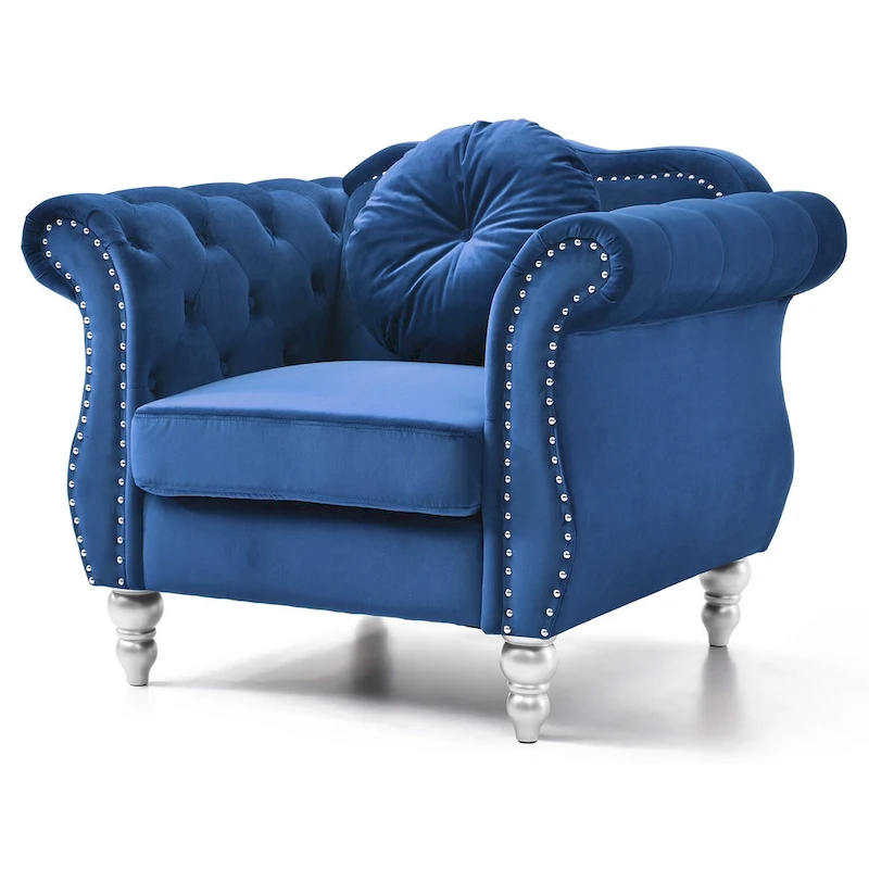 Hollywood Chesterfield Tufted Velvet Accent Chair with Round Throw Pillow - 39L x 35W x 34H