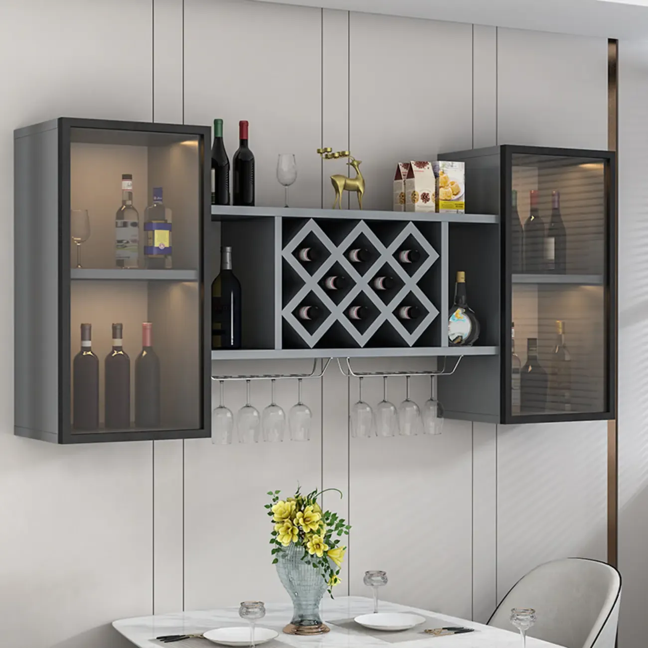 Modern Wall Mounted Wine Rack with Glass & Bottle Storage