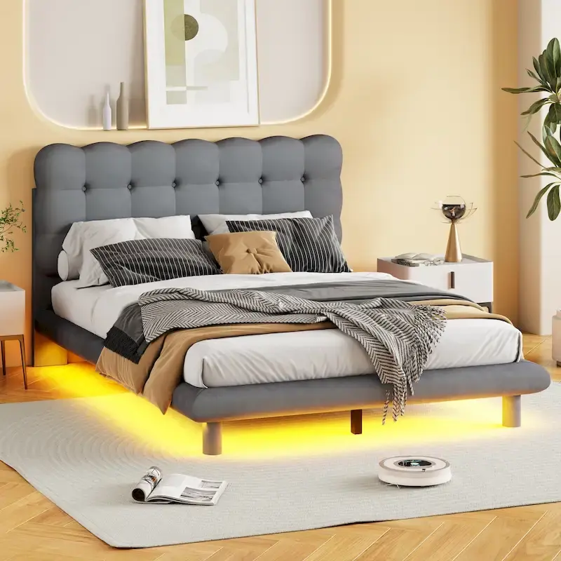 Velvet Upholstered Platform Bed Frame with LED Light & Biscuit Headboard