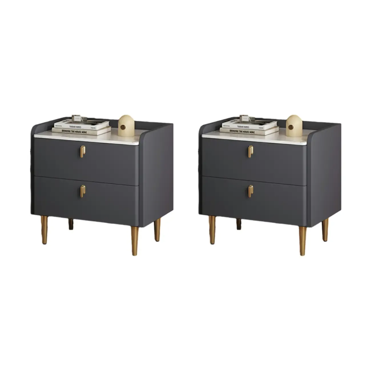 Modern Leather Stone Top Gold Accents 2-Drawer Nightstand