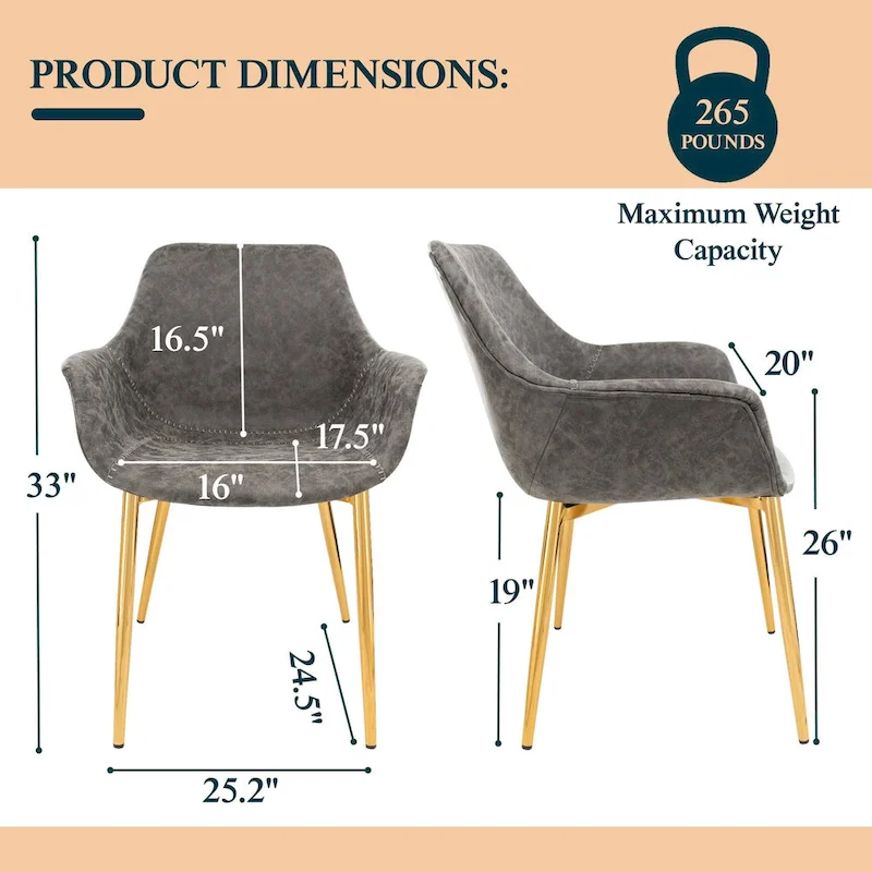LeisureMod Dining Arm Chair w/ Gold Metal Legs Set of 2 - Light Brown - 24.5Dx25.2Wx33H