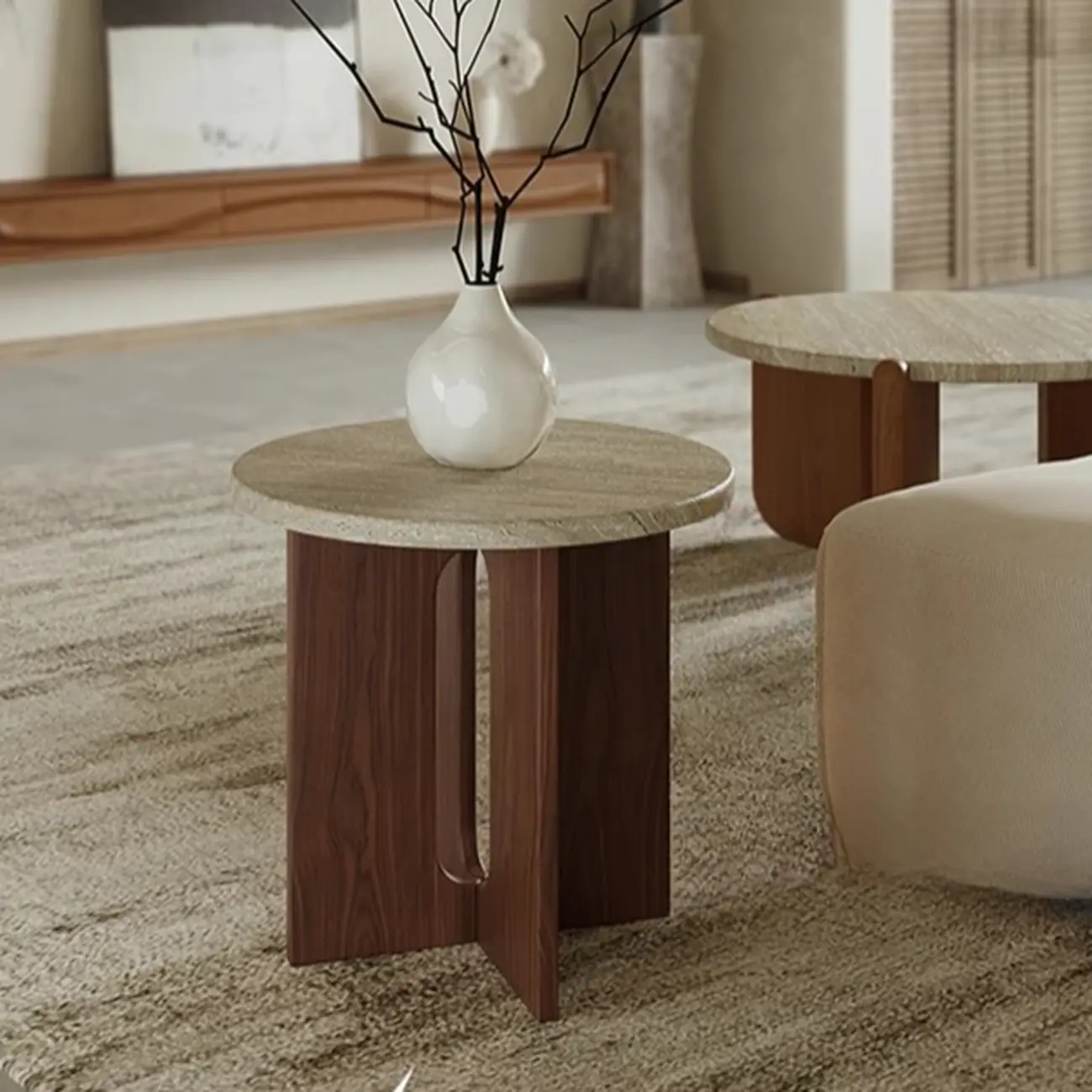 Modern Travertine TOP Round Accent Table with Wood Base
