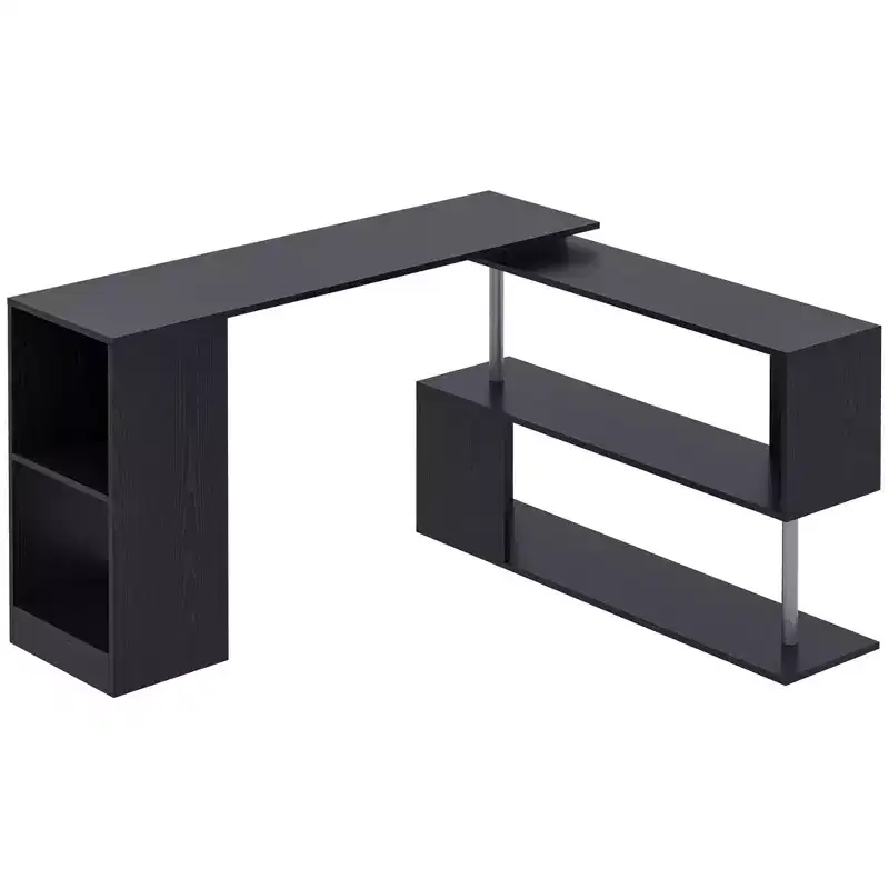 55 360 Rotating Corner Computer Desk Modern L-Shaped Home Office Workstation with 3-Tier Storage Shelves, Bookshelf