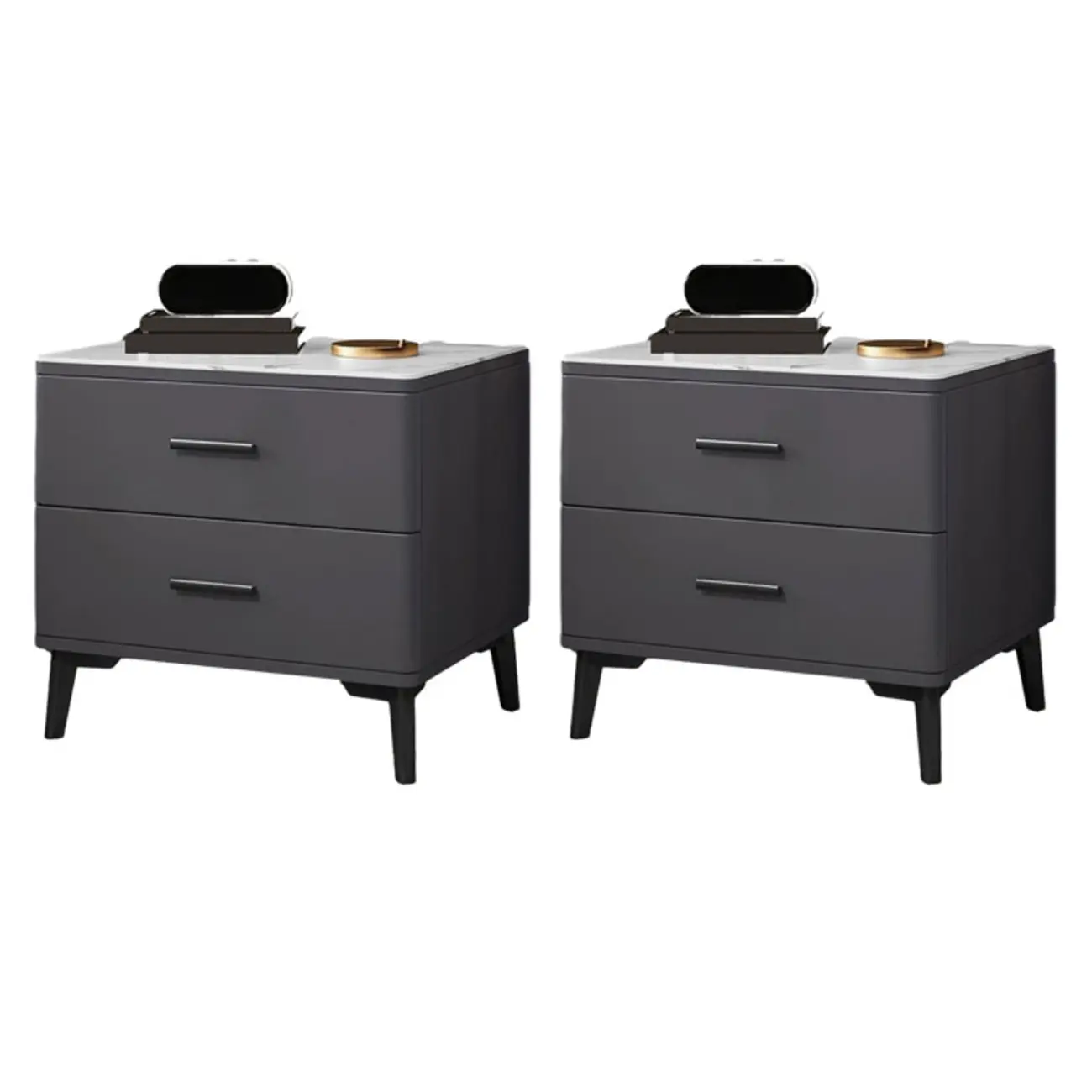 Modern White Stone Top Oak 2-Drawer Nightstand