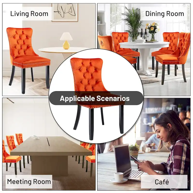 Velvet Dining Chairs Set of 2, Upholstered High-end Tufted Dining Room Chair with Nailhead Back Ring Pull Trim Solid Wood Legs