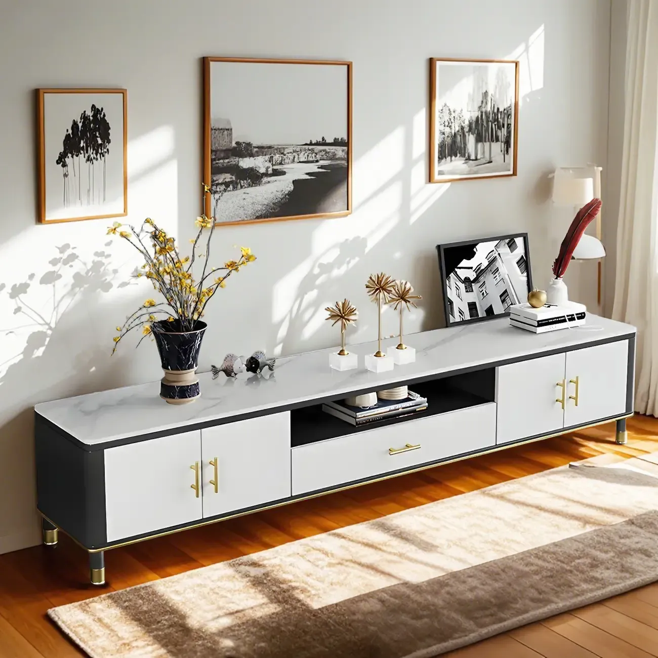 63 Contemporary Grey Stone Cabinet TV Stand with Open Shelf