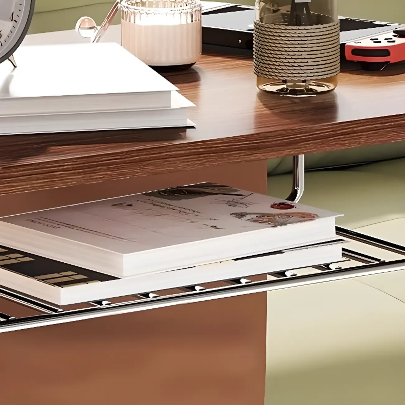 Brown Wood Top C-Shaped Sofa Side Table with Wheels