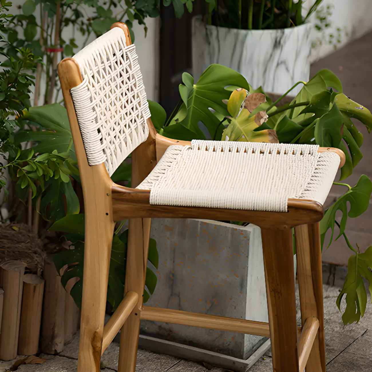 Rustic Wood Wicker Seat Counter Bar Stools with Back
