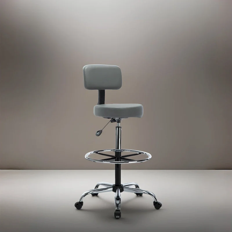 Height Adjustable Drafting Stool - With Premium Leather, Rolling Wheels