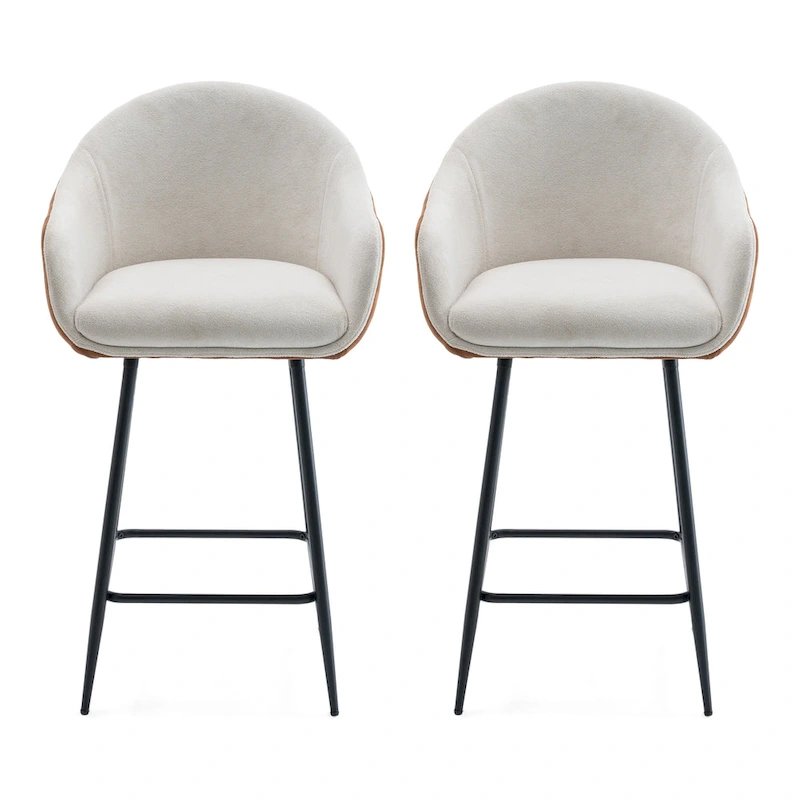 Roomfitters 26.5 Modern Upholstered Counter Stools, Set of 2 Bar Height Chairs with Metal Legs and Cushioned Seat, Beige+Brown