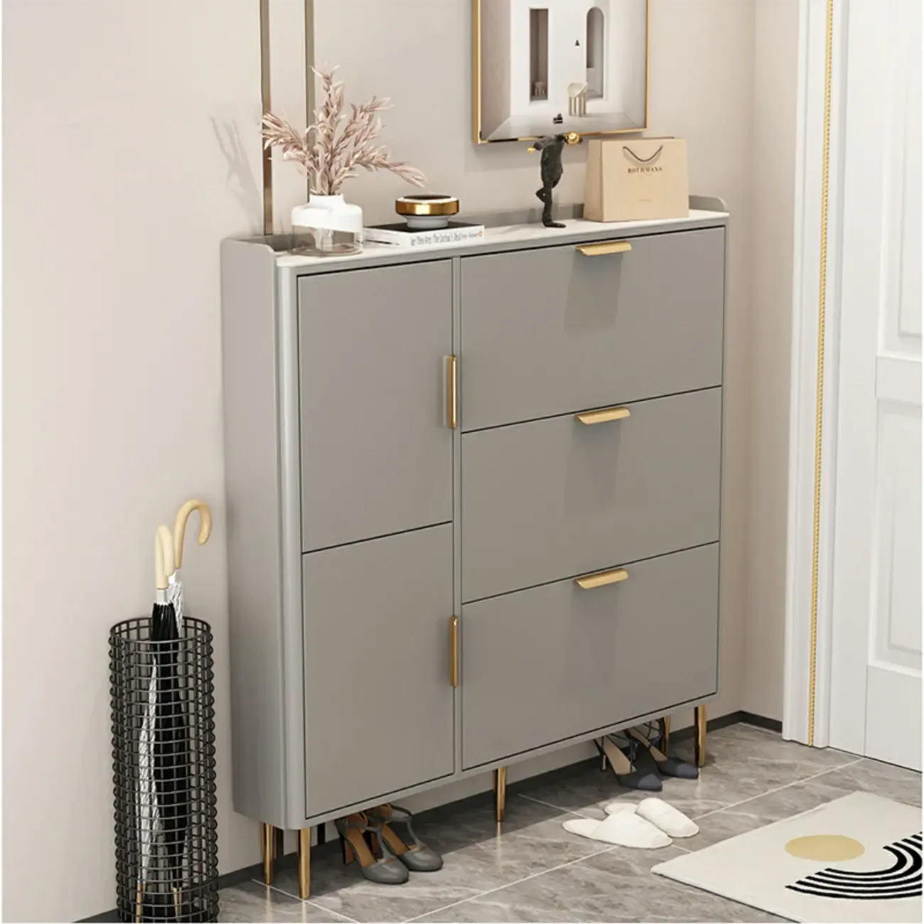 Wooden Drop Front Shoe Cabinet with Metal Legs