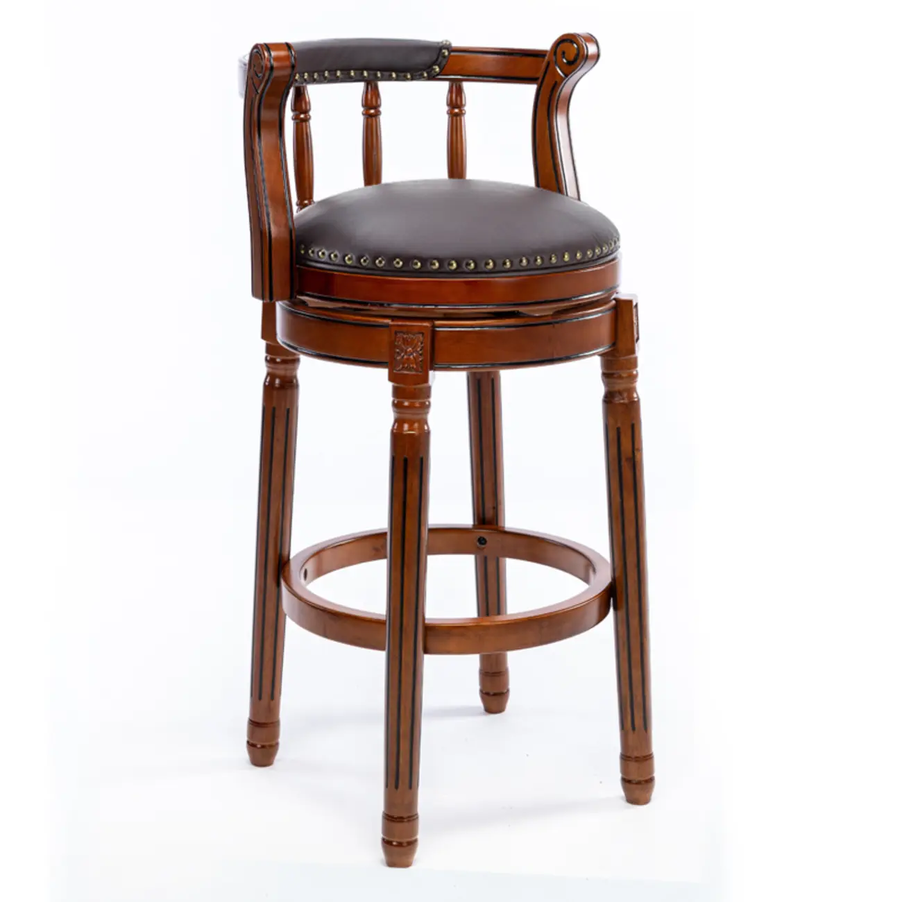 Swivel Counter Height Bar Stools in Genuine Leather & Walnut Solid Wood