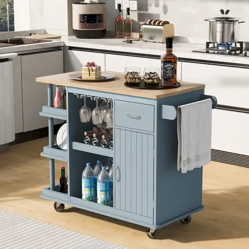 Rubber Wood Kitchen Cart with Adjustable Shelves and Wine Rack