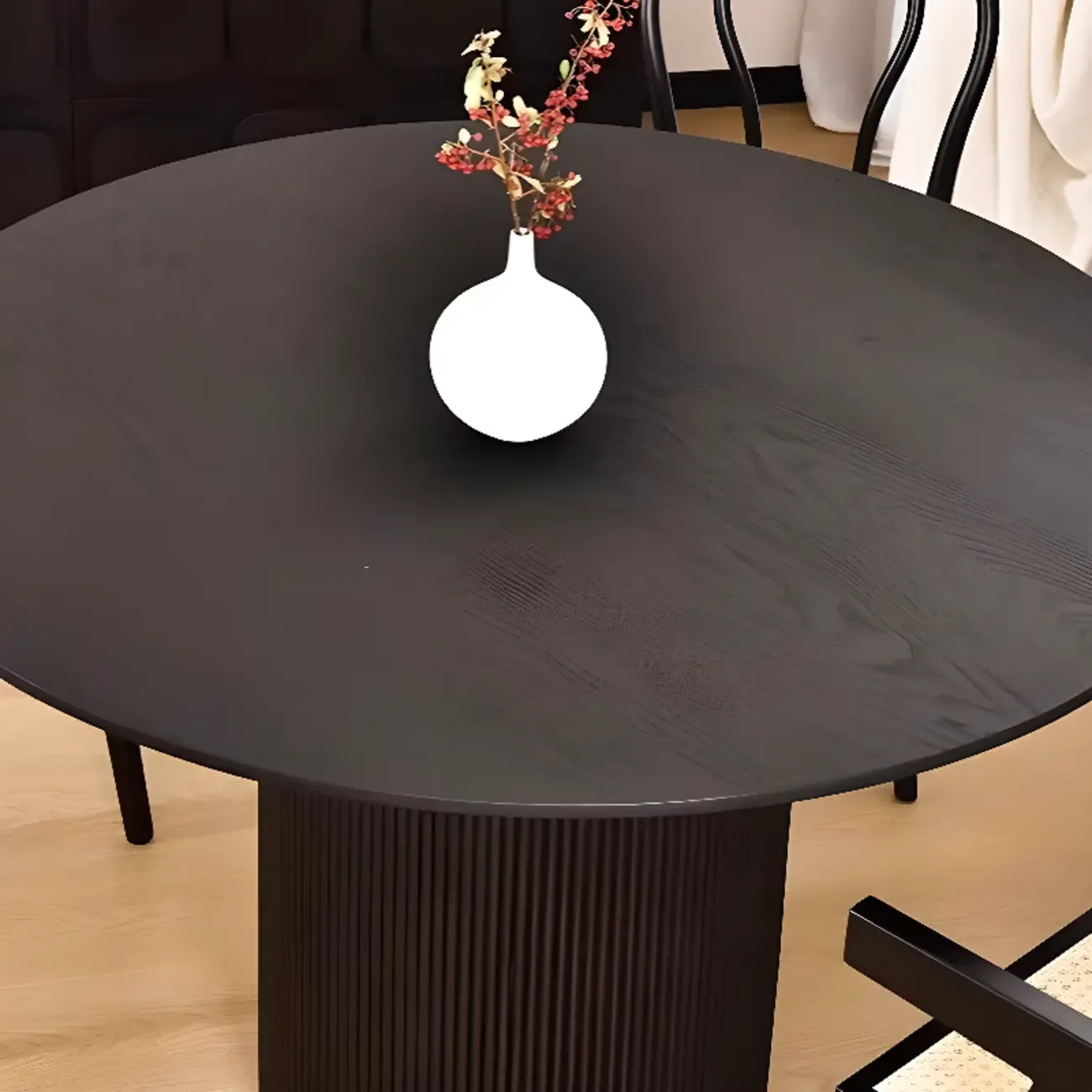 Modern Black Round Wood Cylindrical Base Dining Table