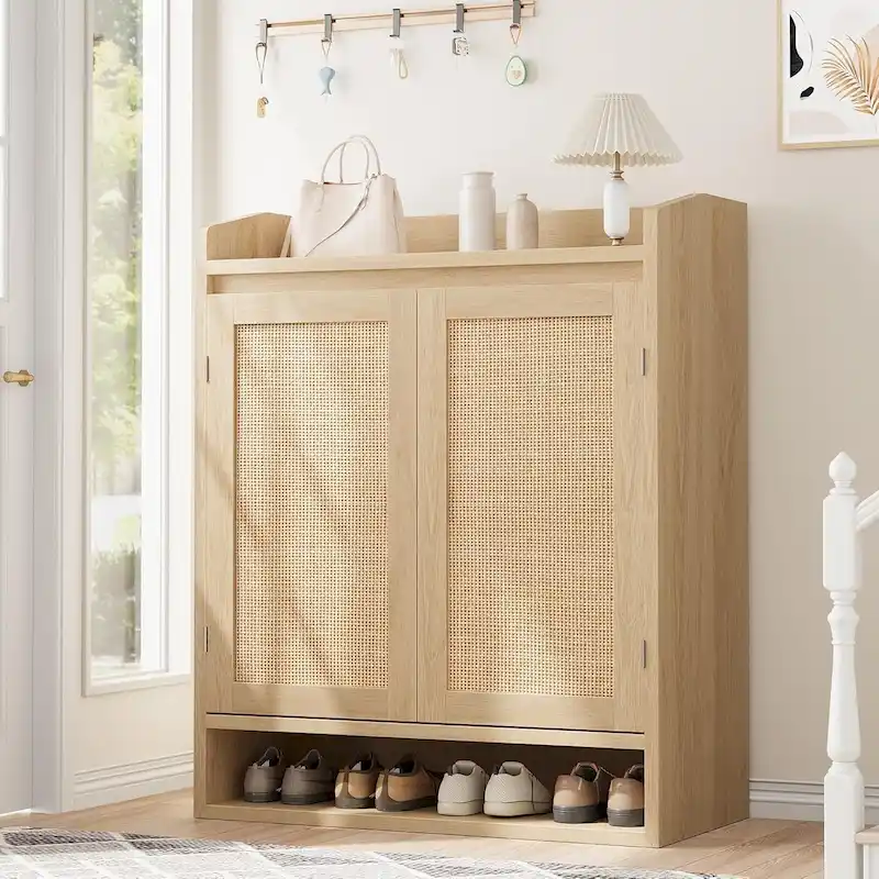 Natural Rattan 2-Door Shoe Storage Cabinet