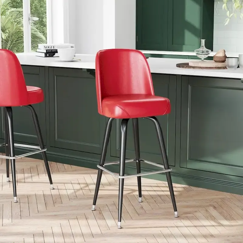 Metal Barstool with Swivel Vinyl Upholstered Bucket Seat and Footrest - 18.5D x 18.5W x 42.5H