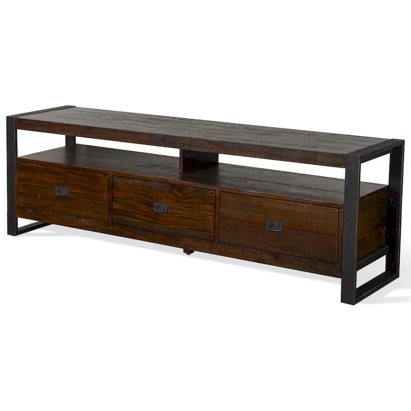 Flint TV Media Console, 3 Drawers, 2 Shelves, Dark Brown Wood, 78 Inch