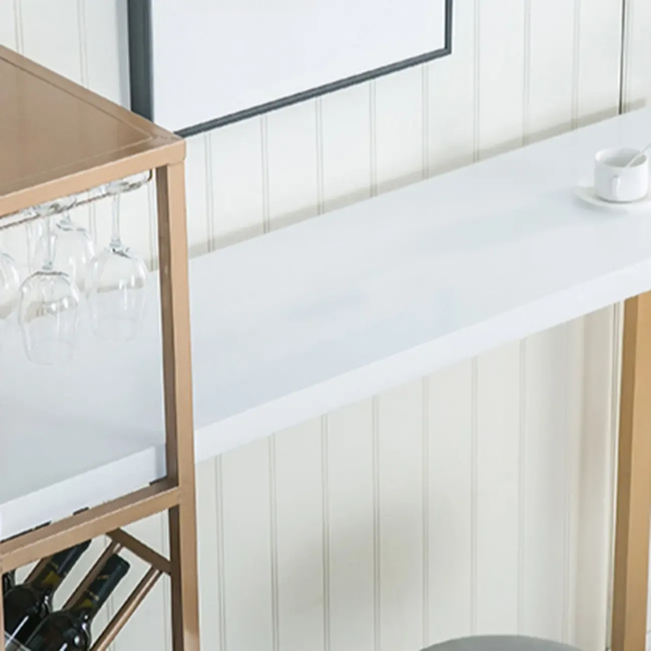 Glam White-Gold 2-Tier Shelves Bar Tables with Stemware Holders