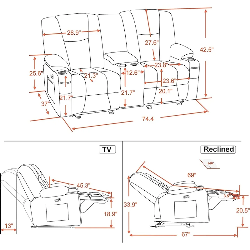 MCombo Electric Power Reclining Sofa with Massage and Lumbar Heat, Fabric 6015/6025/6035/6045
