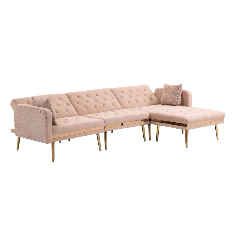 Polyester Upholstered Tufted Sleeper L-Shaped Sectional Sofa With Ottoman