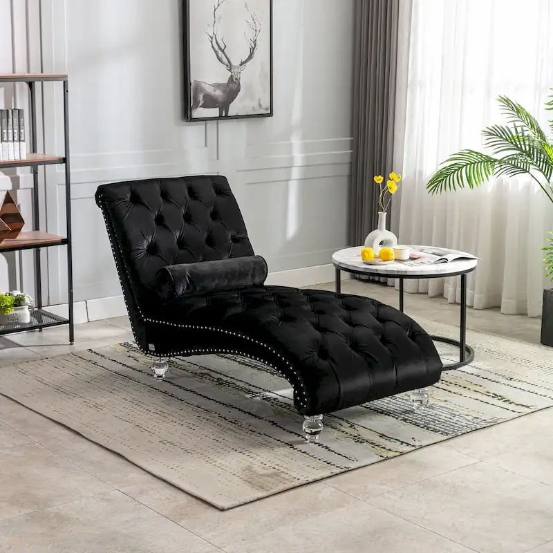 Button-Tufted Upholstered Velvet Recliner Chaise with Pillow and Acrylic Feet