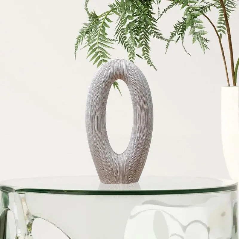O Shaped Needley White Striped Textured Polyresin Vase