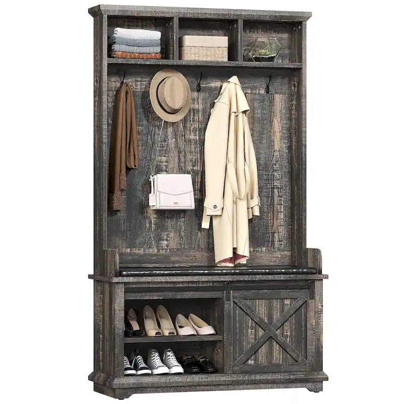 Moasis Hall Tree with Shoe Bench, Coat Rack Organizer for Entryway Hallway