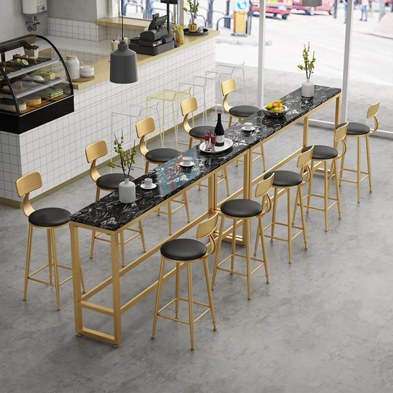 Modern Rectangle Marble Top Bar Table Gold Base with Footrest