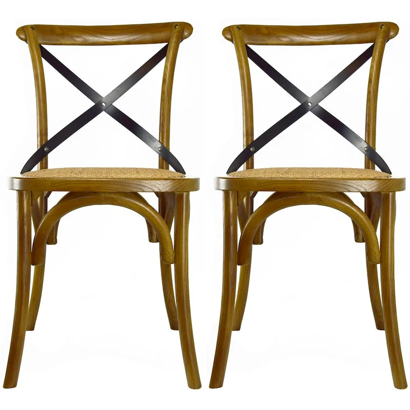 Set of 2 Wood Antique Farmhouse Cross Back Dining Chairs Rattan With X Back Dark Bedroom Restaurants Hotel
