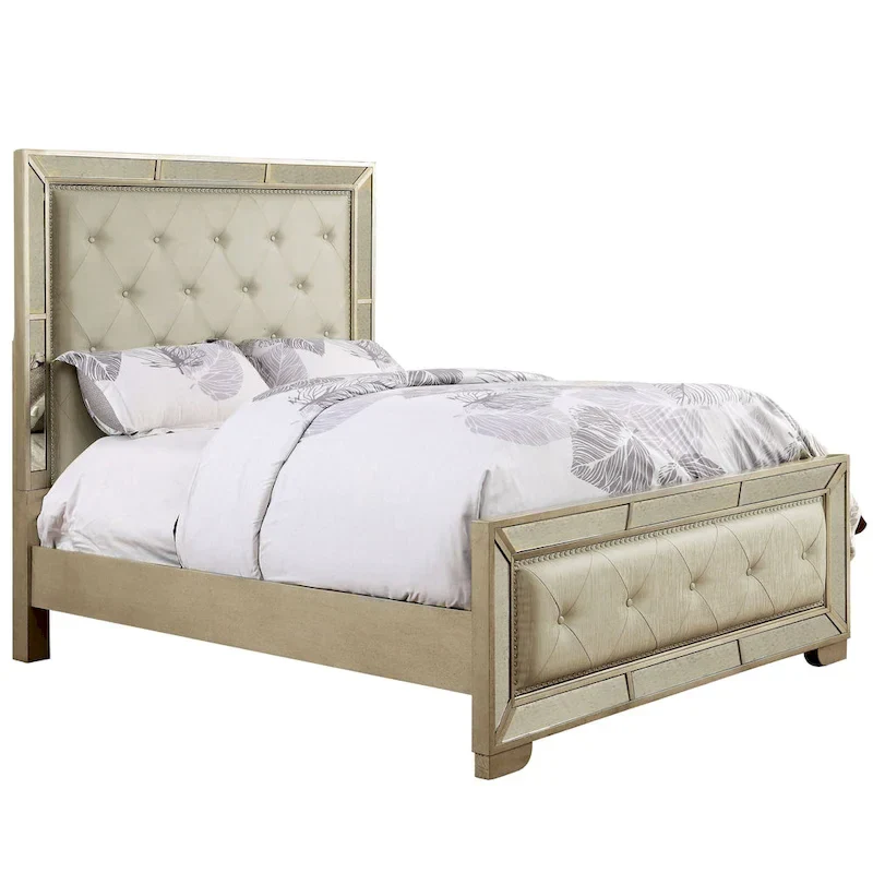 Modern Gold Faux Leather 4-Poster Panel Bed