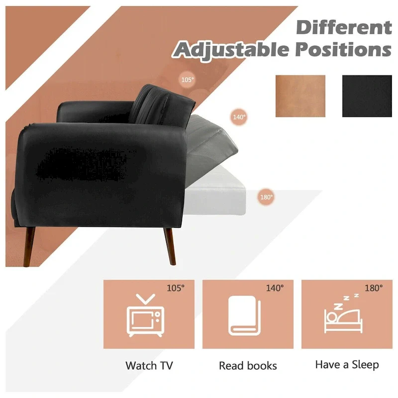 Convertible Futon Sofa Bed PU Leather Adjustable Couch Sleeper with Wood Legs - 81 x 33.5 x 31.5 (L x W x H)