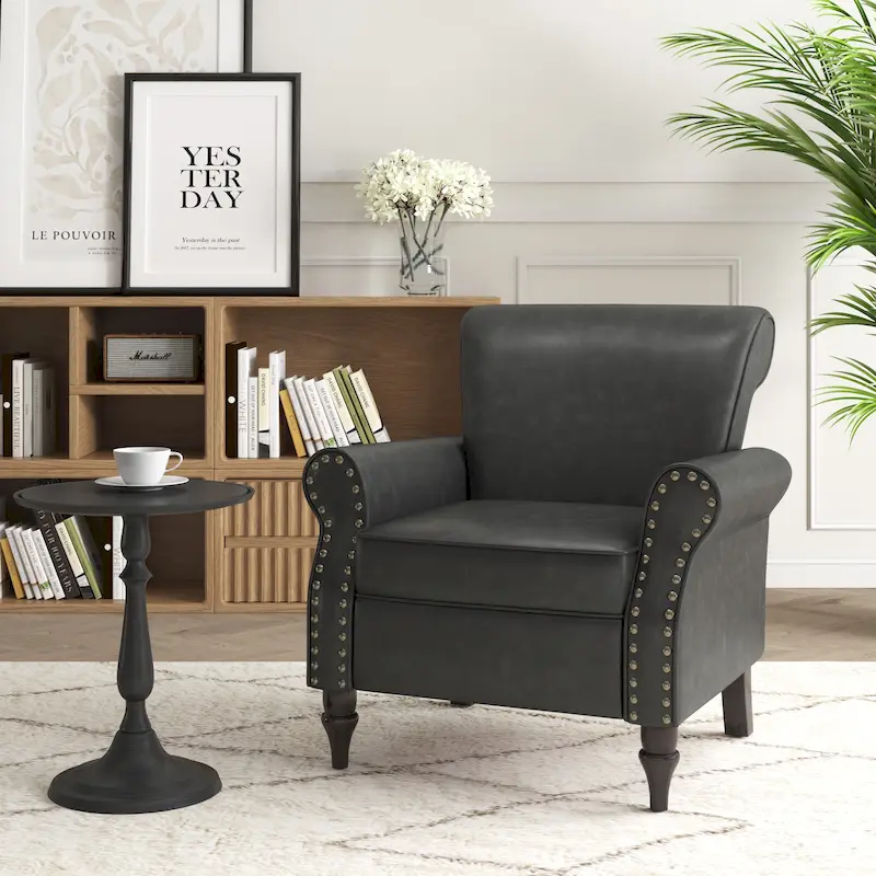 Rolled Armrests PU Accent Chair with Nailhead Trim