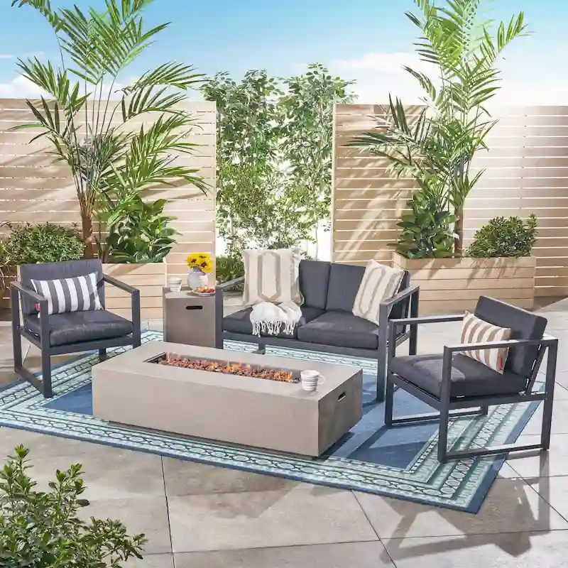 Navan Outdoor 4-Seater Aluminum Chat Set with Fire Pit and Tank Holder by Christopher Knight Home