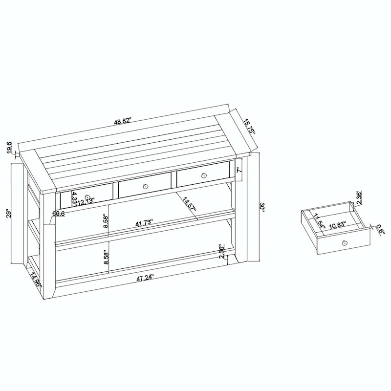48 Solid Pine Wood Top Console Table with Drawers and Shelve