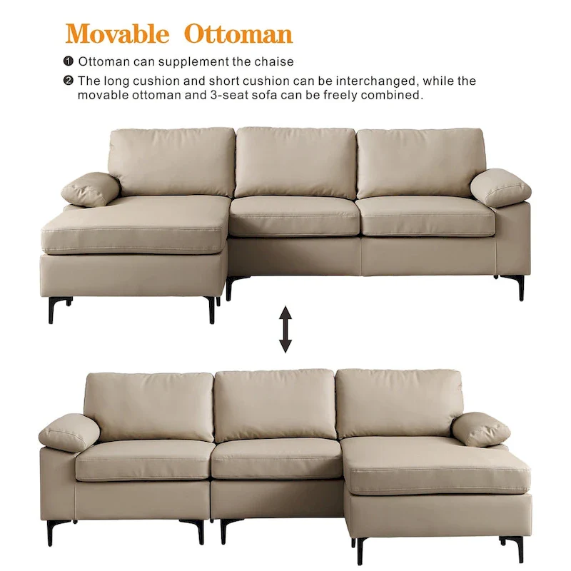 Reversible Chaise Sofa, Suede Fabric, Metal Legs, Spring Coils, Light Brown/Brown/Grey/Blue/Beige