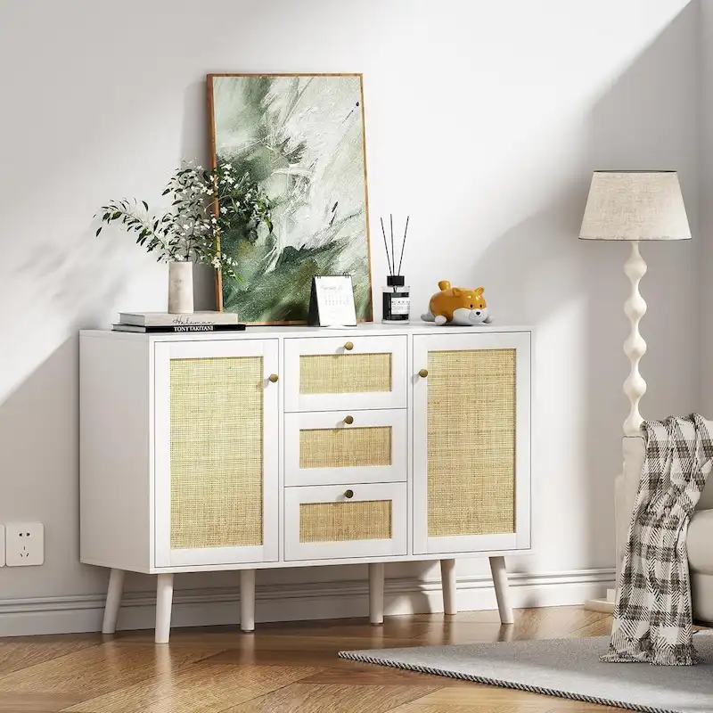 Anmytek Mid-Century Modern 47.2  W 2-Door White Buffet/Sideboard Rattan Storage Accent Cabinet with Drawers