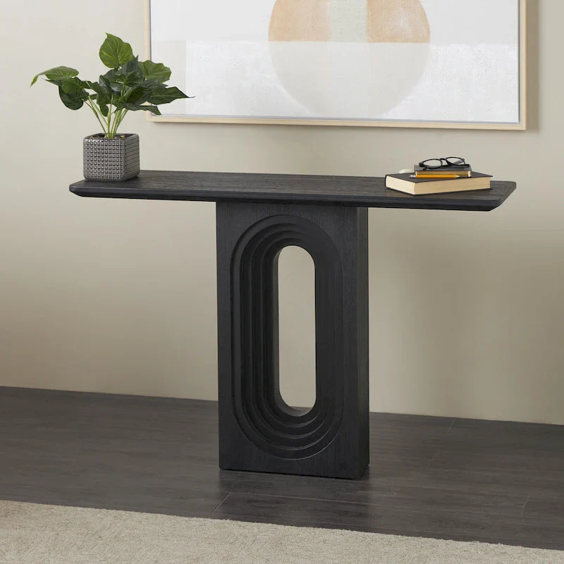 Wooden Console Table with Oval Carved Pedestal Base - Black - Roche River Decor