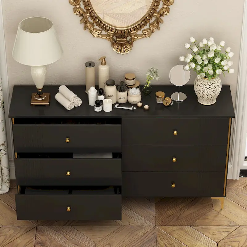 White Lacquer Dresser 6 Drawer Dresser with Metal Handle and Legs