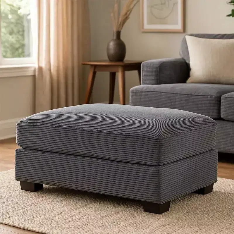 Large Rectangular Cocktail Ottoman, Dark Gray Corduroy Upholstery, Black Legs, 45x28