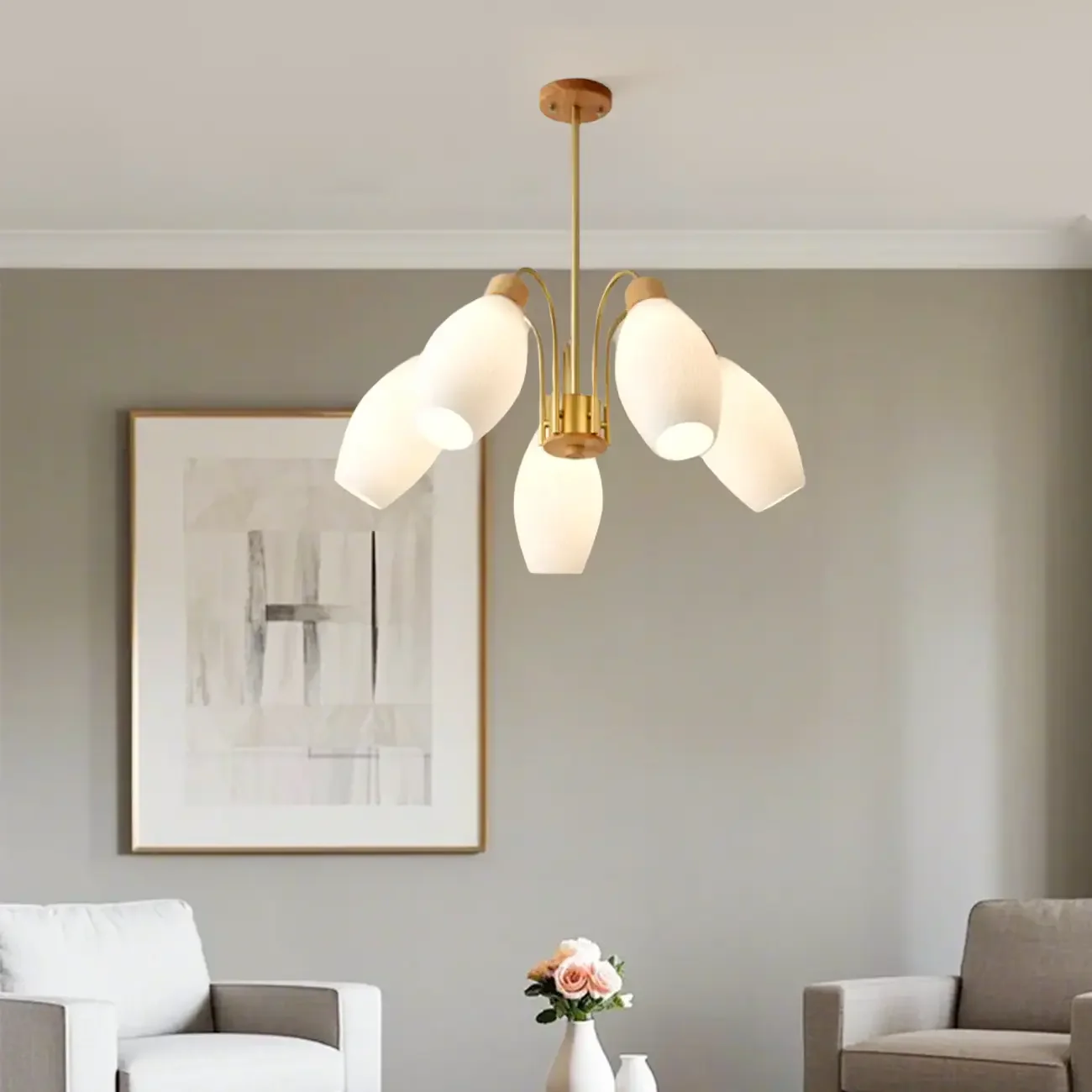 Modern Adjustable White Chandelier with Glass Shades