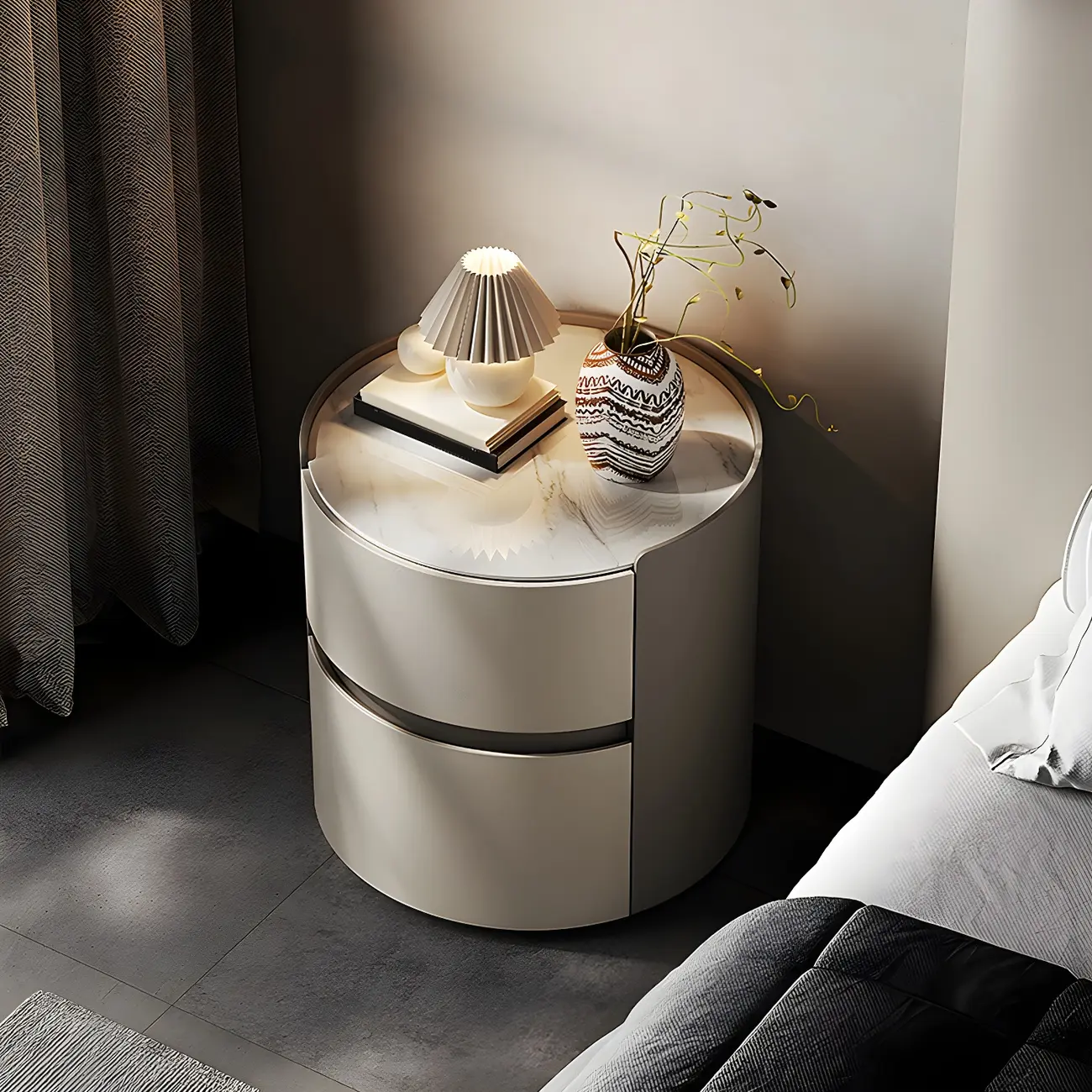 Modern Slate Countertop Round 2-Drawer Nightstand