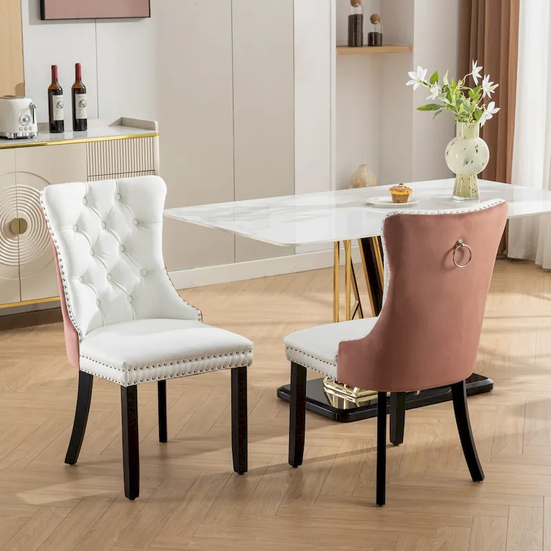 High Back Dining Chairs Set of 2, Upholstered PU Leather Kitchen Chairs Side Chair with Rear Handle Wood Legs
