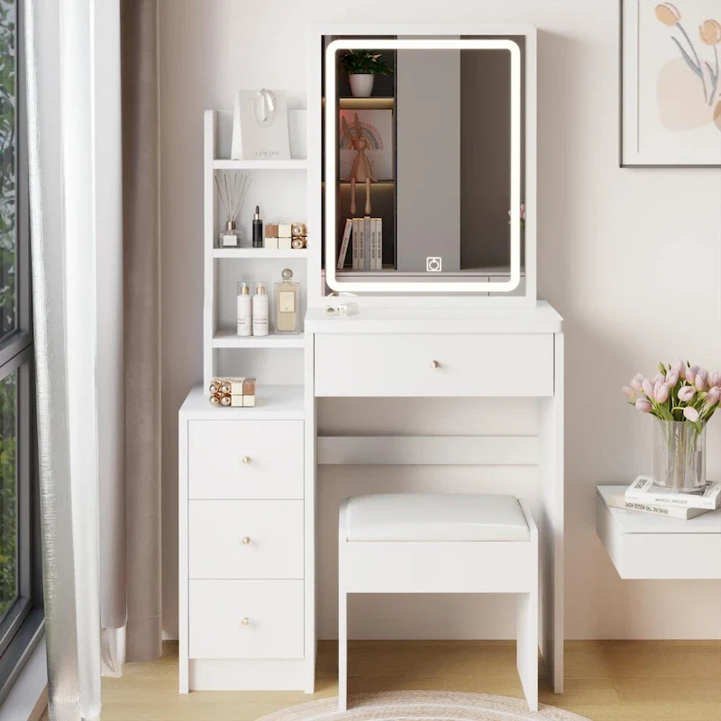Left Bedside Cabinet Makeup Vanity Table Set with Stool and LED Mirror