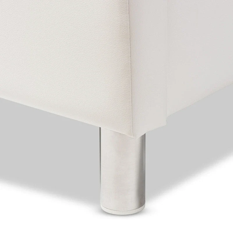 French River White Modern Bed with Upholstered Headboard