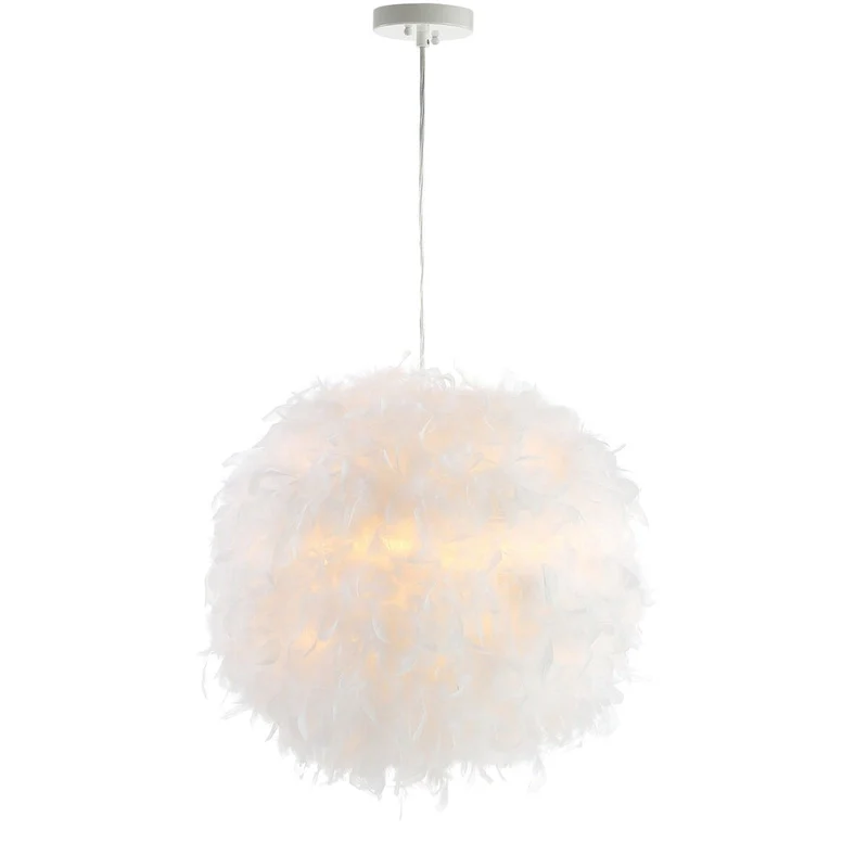 Simon 19  Feather Metal Adjustable LED Pendant, White by JONATHAN Y