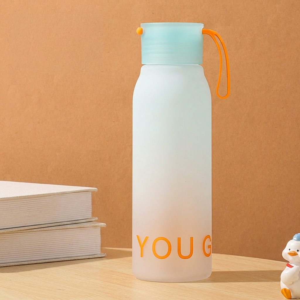 500ML Cyan Gradient Frosted Water Bottle with Lanyard