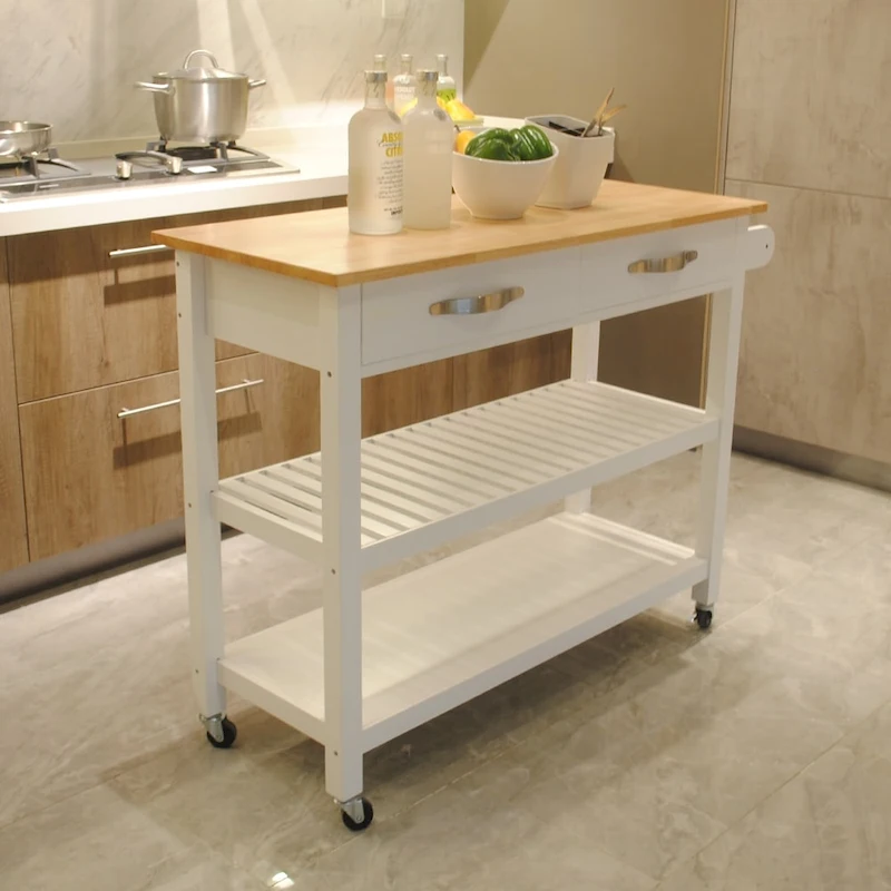 45 Wood Rolling Kitchen Island, Storage Utility Trolley Cart with 2 Drawers and Towel Rack
