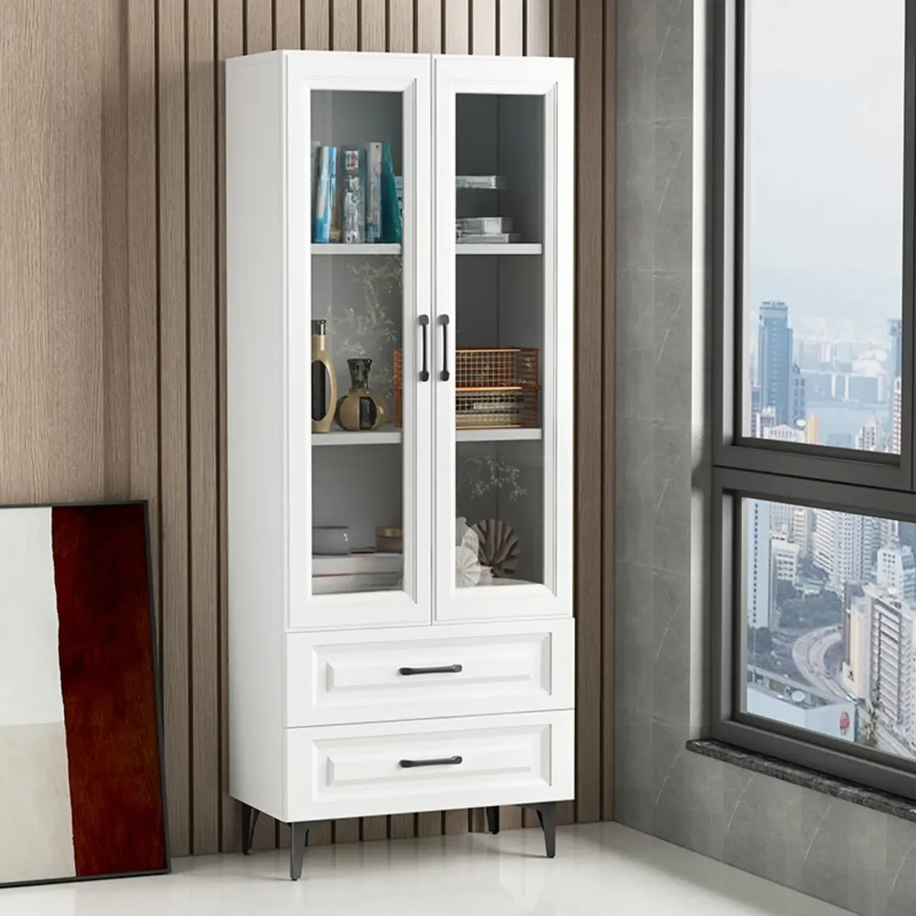 Standard White 2-Drawer Wood Bookshelf with Glass Door