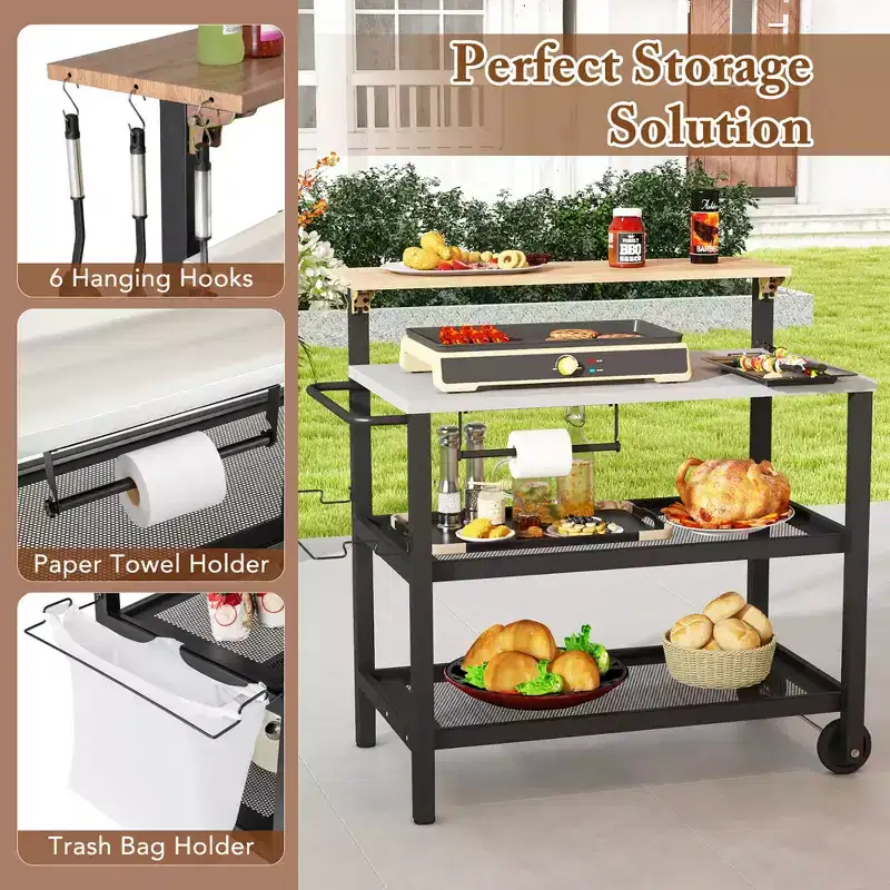 Rolling Bar Cart w/ Flip-up Table Hooks Paper Towel Holder Trash Bag Holder